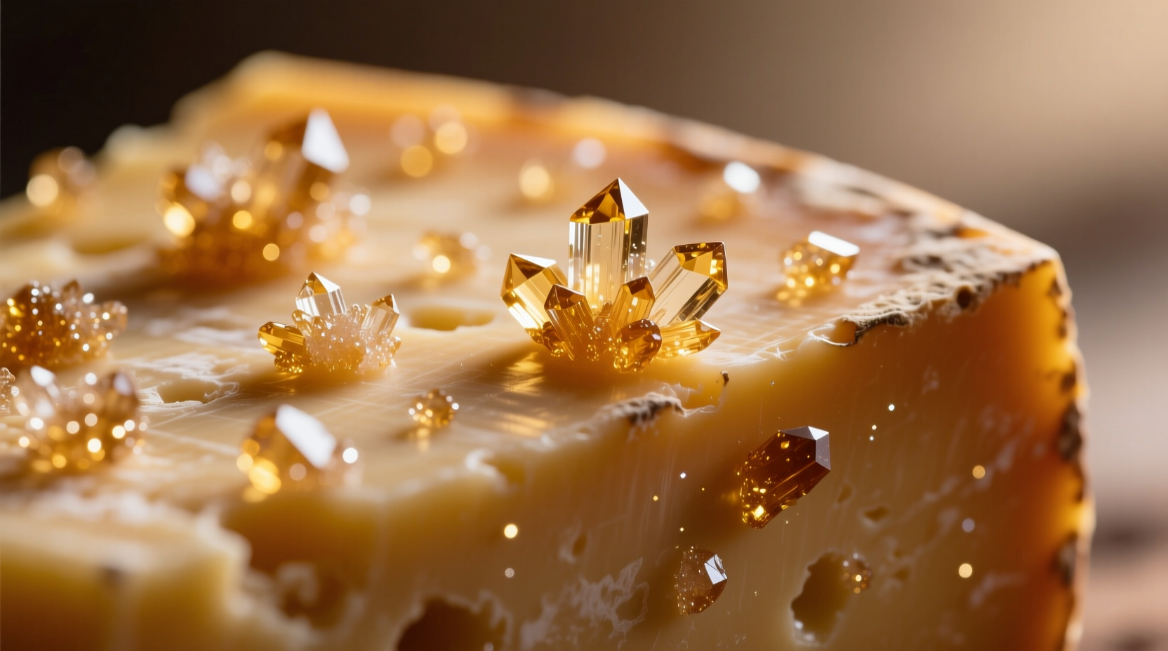 Close-up of aged Gouda cheese showing characteristic tyrosine crystals
