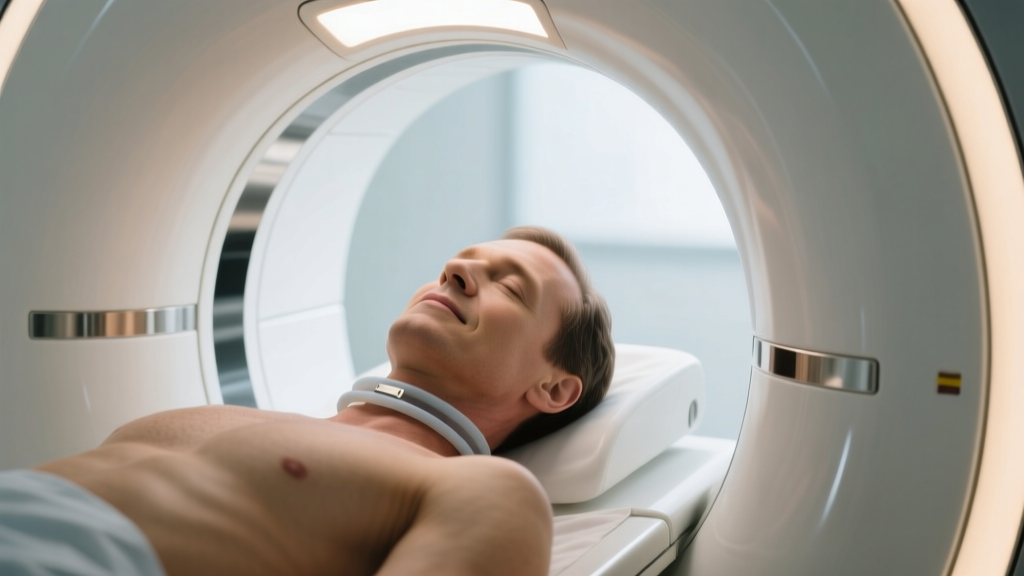 Patient wearing a thin silicone breakaway necklace while lying comfortably inside a bright, modern MRI scanner bore