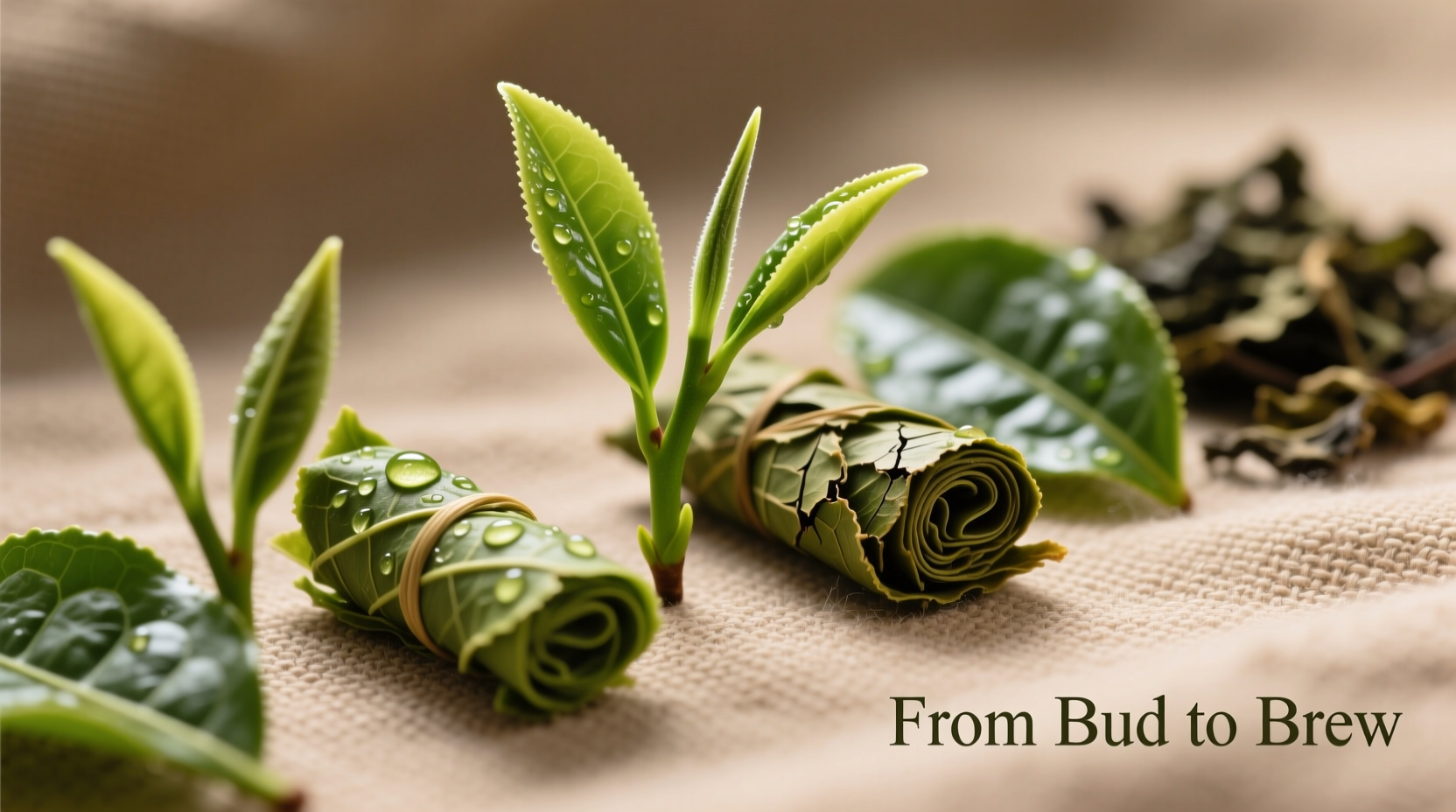 Fresh green tea leaves in various processing stages