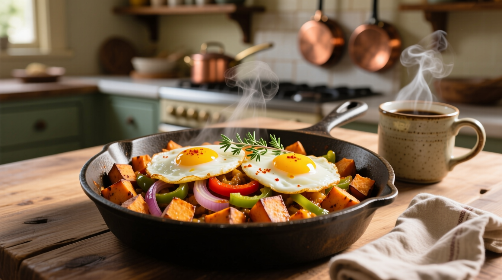 Golden sweet potato breakfast hash with fried eggs
