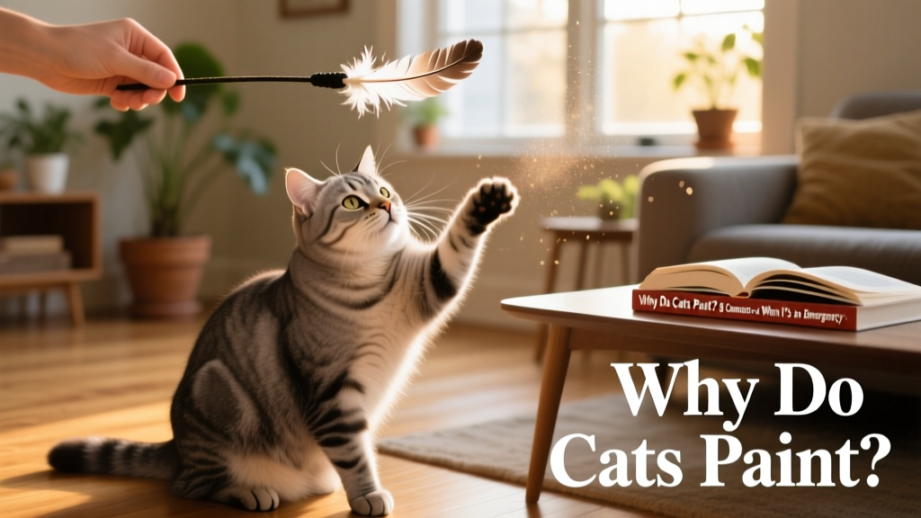 Overweight cat gently playing with a feather wand toy under supervision