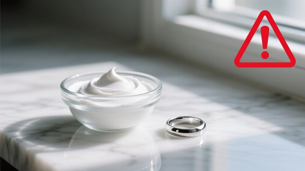Small glass bowl of baking soda paste next to a silver ring, with a red warning icon overlaid to show a hazardous cleaning method.