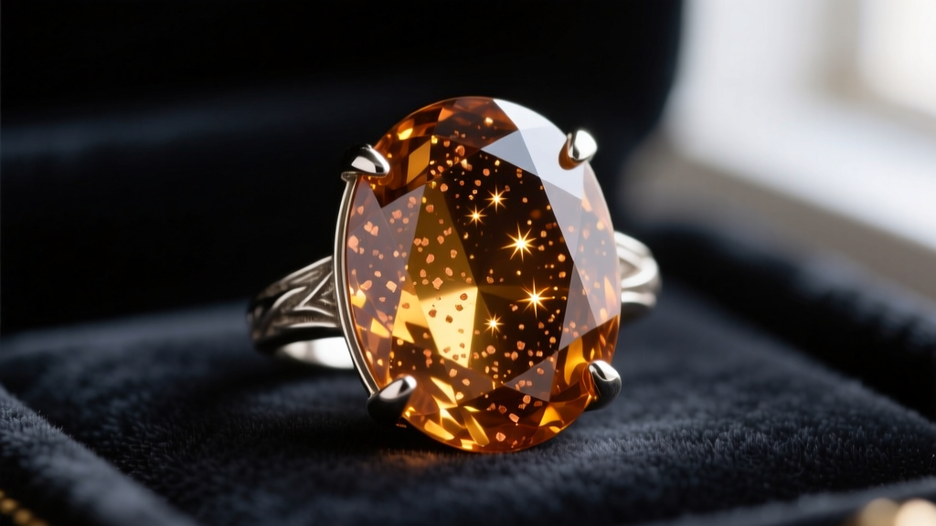 Macro view of vintage goldstone cabochon in silver, showing dense copper flecks catching soft light against a dark velvet backdrop