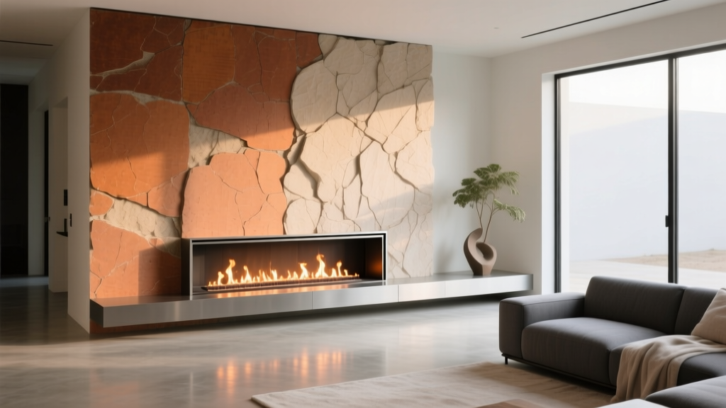 Modern living room featuring a textured light weight stone veneer accent wall in warm earth tones behind a sleek linear gas fireplace