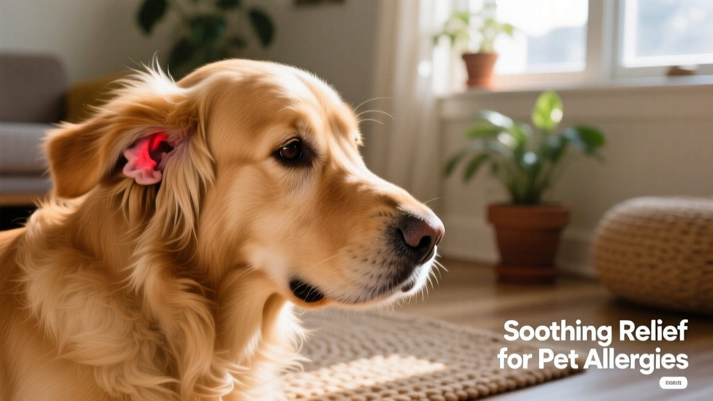 Close-up of a golden retriever gently scratching behind her ear, showing mild redness on the skin