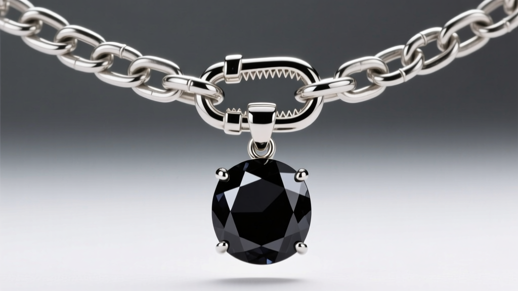Close-up of a 2.5mm stainless steel wheat chain connecting to a heavy-duty lobster clasp, supporting a large dark gemstone pendant