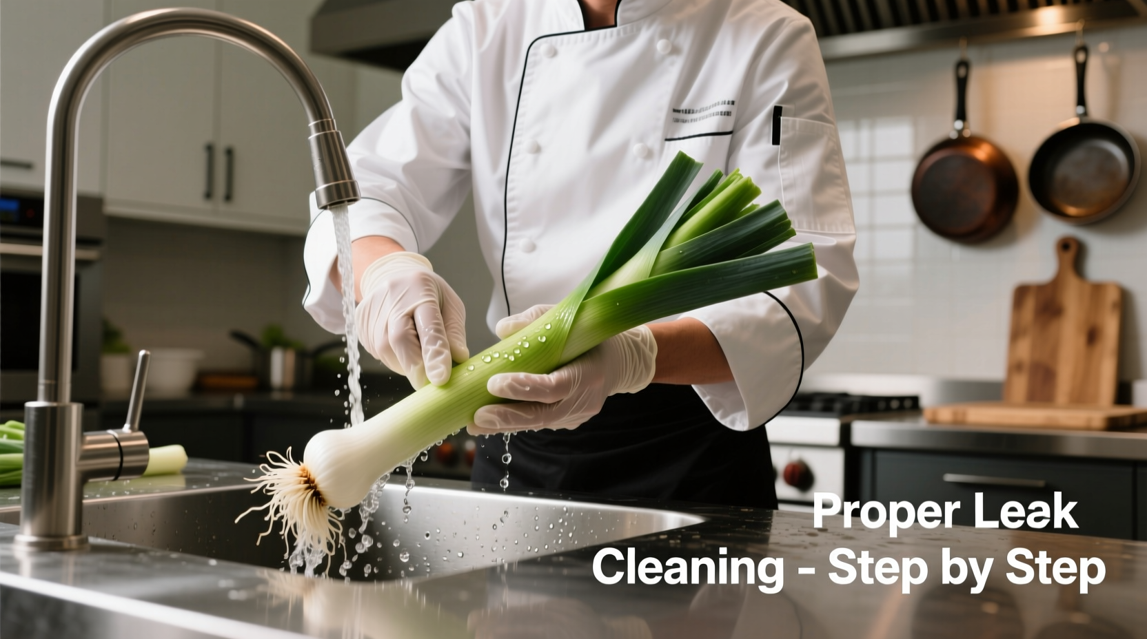 Chef demonstrating proper leek cleaning technique in kitchen