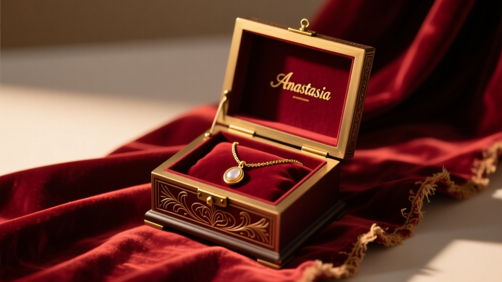 Open vintage Anastasia music box revealing a gold-tone pendant necklace resting on faded red velvet under warm, cinematic lighting
