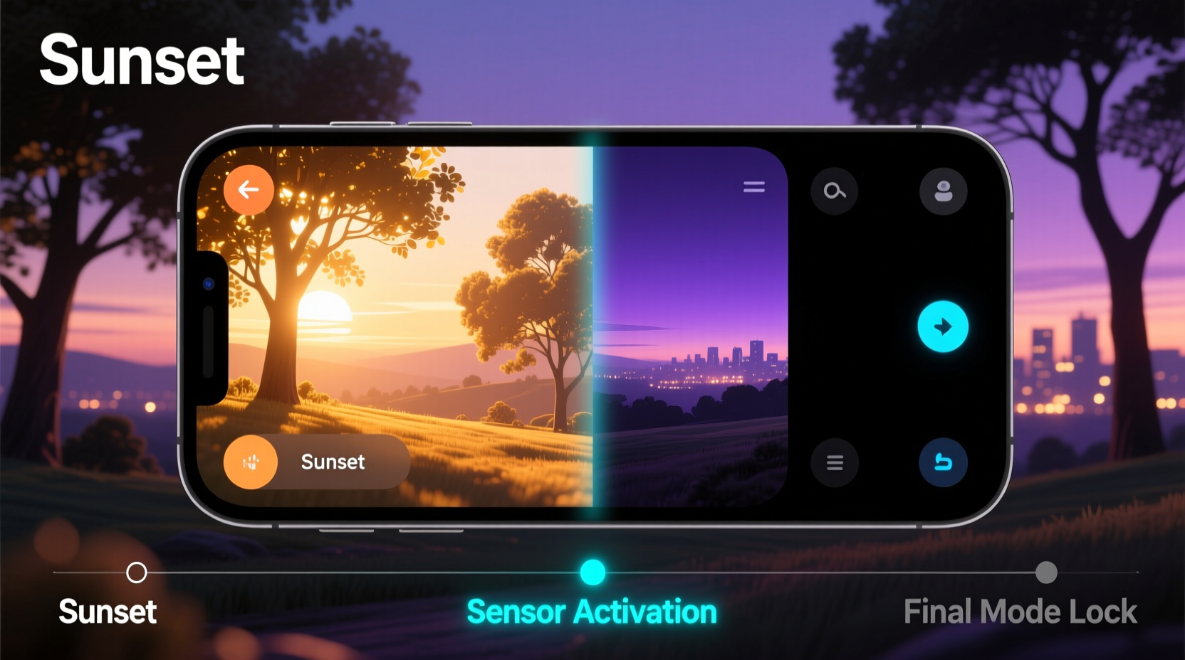 Side-by-side illustration showing a smartphone screen transitioning smoothly from warm-toned daylight interface to cool-toned dark interface as ambient light dims and sky color shifts from blue to deep violet—annotated with timeline markers for sunset, sensor activation, and final mode lock