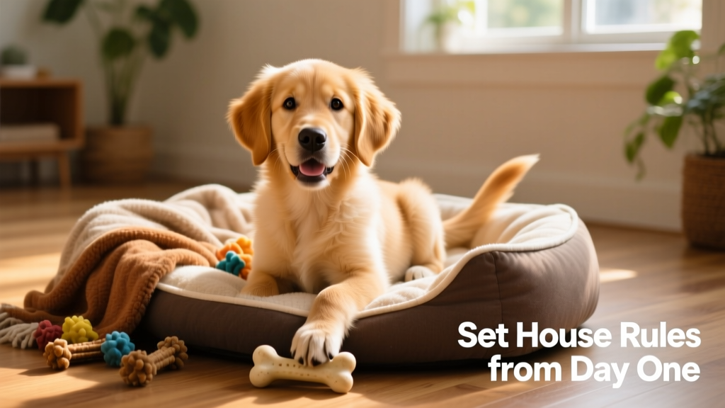 A joyful golden retriever puppy sitting calmly beside a cozy dog bed and chew toys