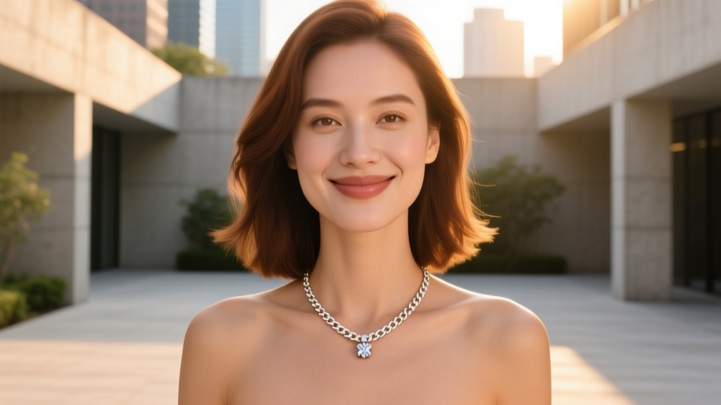 Woman wearing a delicate 16-inch 14k white gold box chain necklace with a small diamond pendant, smiling in warm evening light.