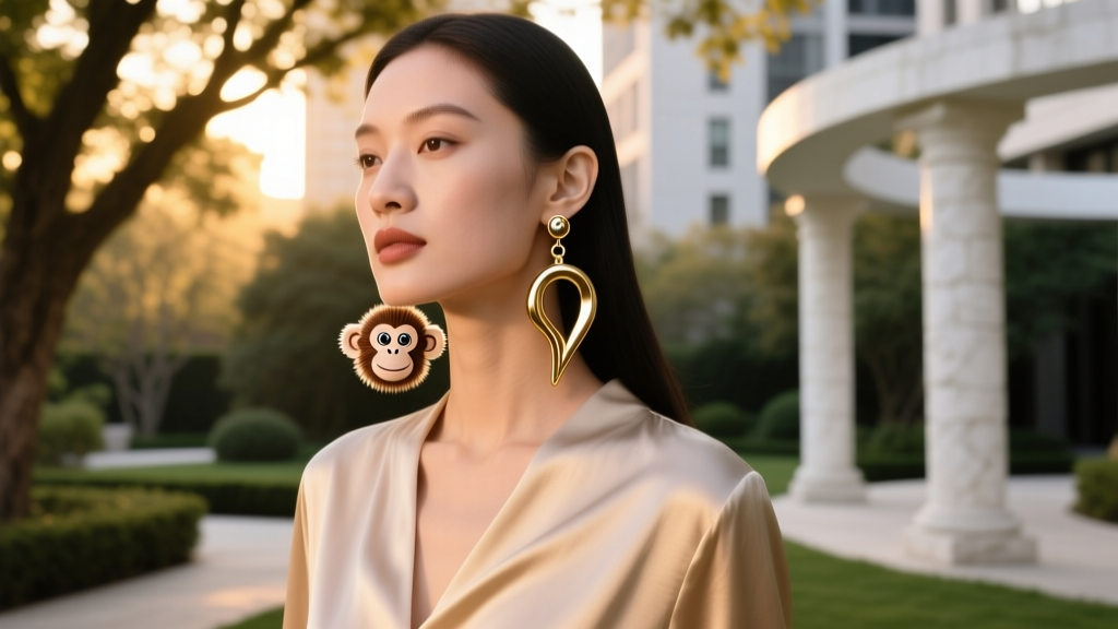 Stylish woman wearing asymmetrical drop earrings featuring quirky monkey with earrings charms, photographed in soft natural light.