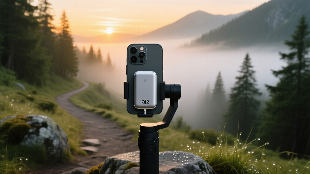 Smartphone on a gimbal capturing a misty mountain trail at sunrise, with a magnetic Qi2 wireless power bank attached to it.