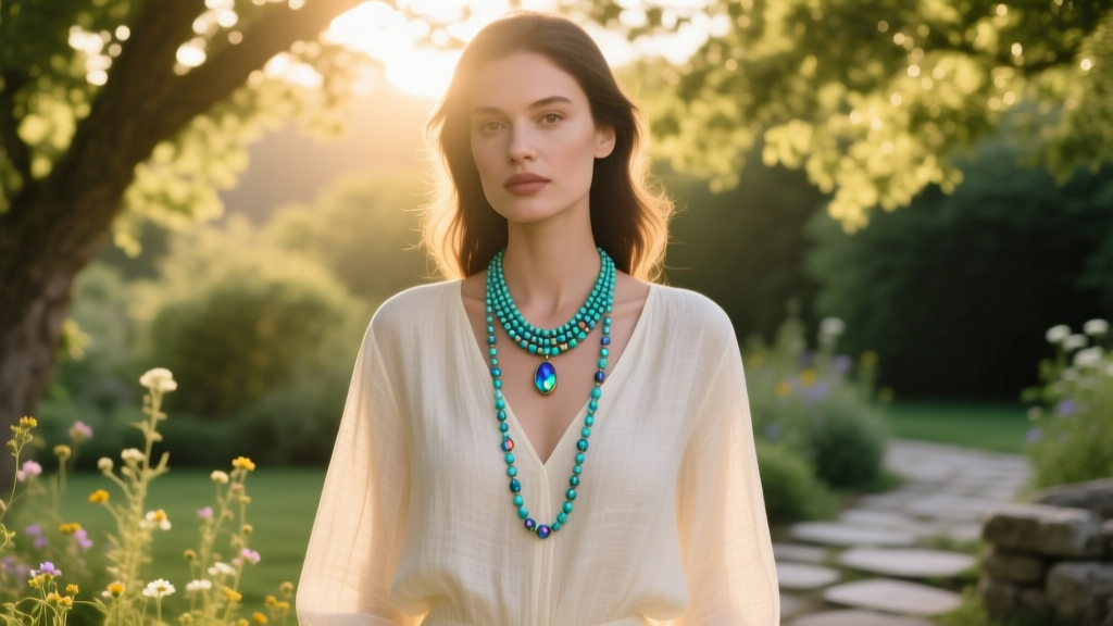 Woman wearing a long turquoise beaded necklace pendant resting over a cream linen V-neck blouse in natural outdoor sunlight