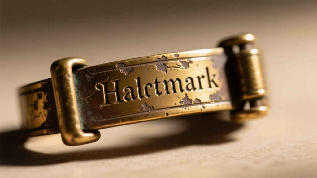Macro photography of a vintage jewelry makers mark stamped on a brass clasp, showing slight patina and crisp serif lettering.