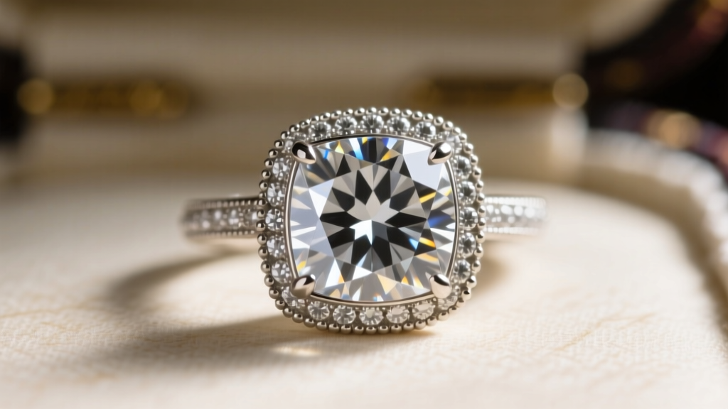 Macro shot of an Old European Cut diamond showing its high crown and small table inside a vintage platinum milgrain bezel setting