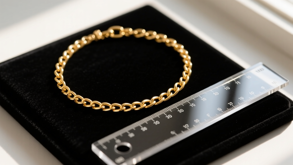 Close-up of a delicate 14k gold chain necklace being measured with a clear acrylic ruler on a dark velvet jewelry display pad.