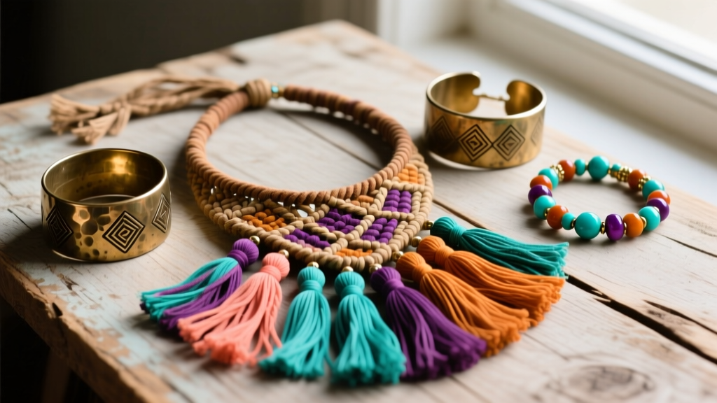 Flat lay of 1970s boho fashion jewelry featuring woven macrame chokers, hammered brass cuffs, and colorful beaded tassels on wood