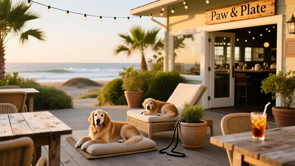 A cozy outdoor patio scene with dogs resting near tables, string lights overhead, and a relaxed coastal restaurant ambiance