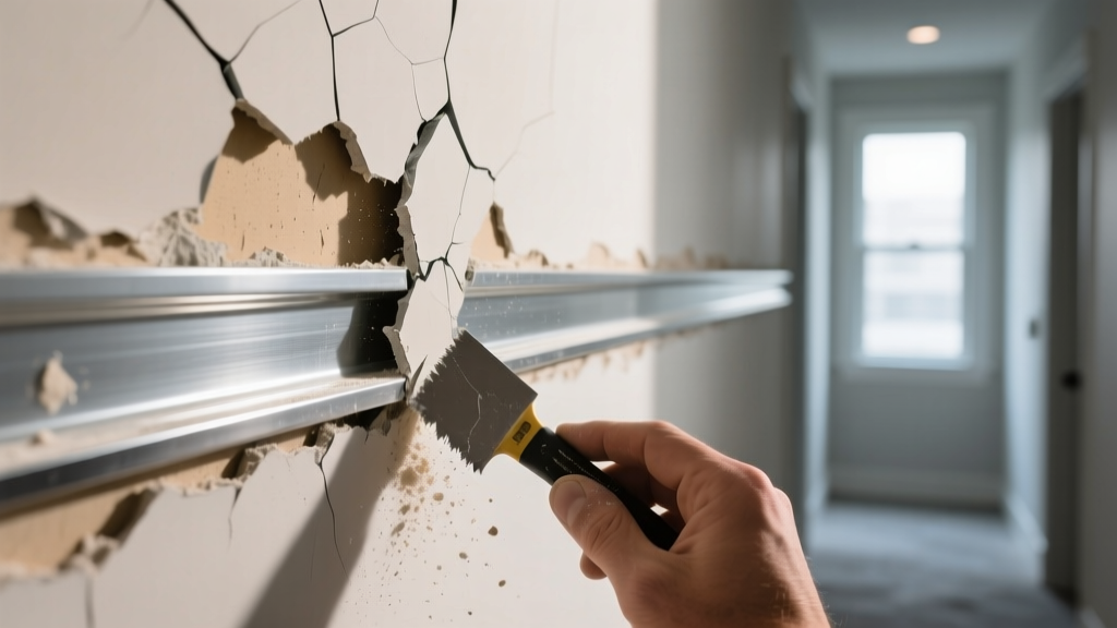Close-up of damaged aluminum gypsum board reveal trim with cracked joint compound being scraped for repair in a modern hallway