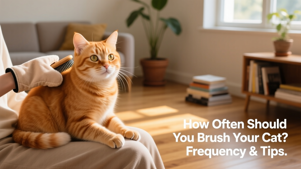 A relaxed ginger cat sitting on a lap, being brushed with a soft mitt while looking content