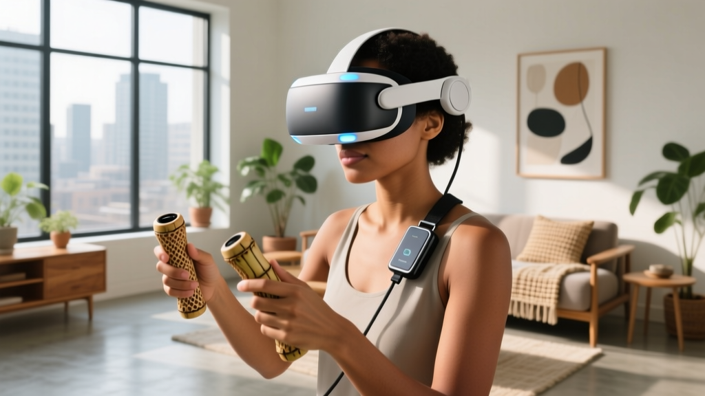 User wearing a VR headset with a hot-swappable magnetic battery strap, adjusting bamboo-fiber controller grips in a sunlit living room