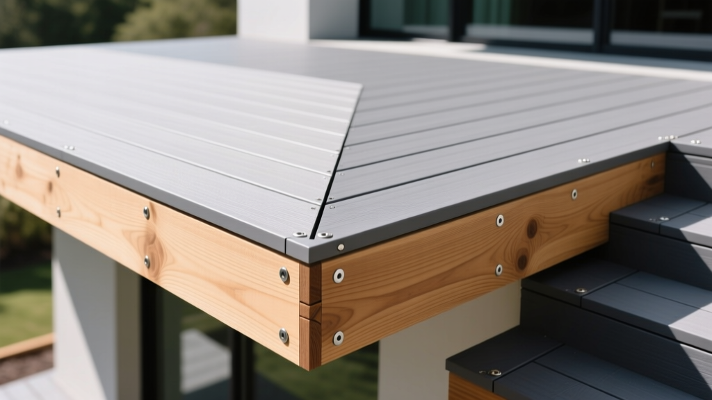Overhead view of a newly built composite deck with hidden fasteners, showing the transition between gray decking boards and wooden fascia