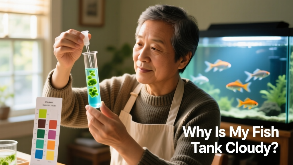 Aquarium owner testing water with a liquid test kit, holding a color chart next to a clear glass vial