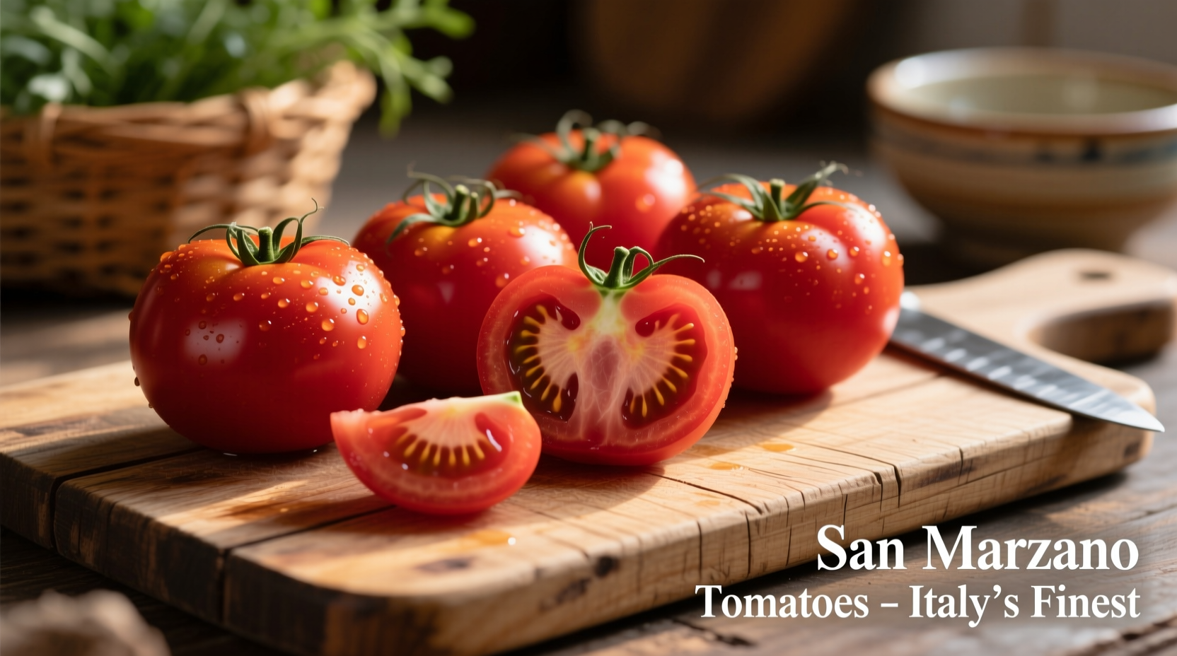 San Marzano tomatoes on wooden cutting board