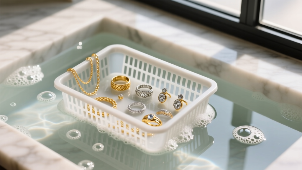 Top-down view of a plastic jewelry basket holding gold and silver pieces, partially submerged in a soapy ultrasonic cleaning bath.