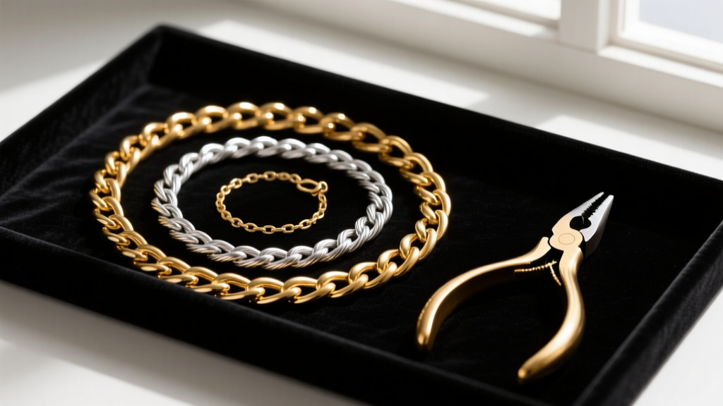 Gold-filled and sterling silver cable, curb, and figaro chains neatly arranged on a dark velvet tray next to brass jewelry pliers
