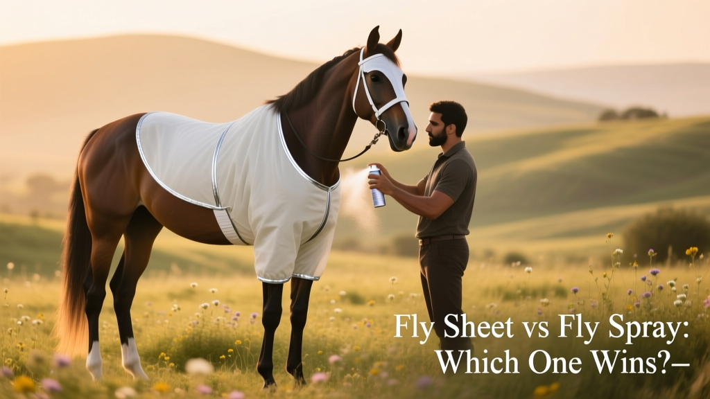 Horse wearing a well-fitted fly sheet with matching fly mask, while owner applies fly spray to the lower legs and face