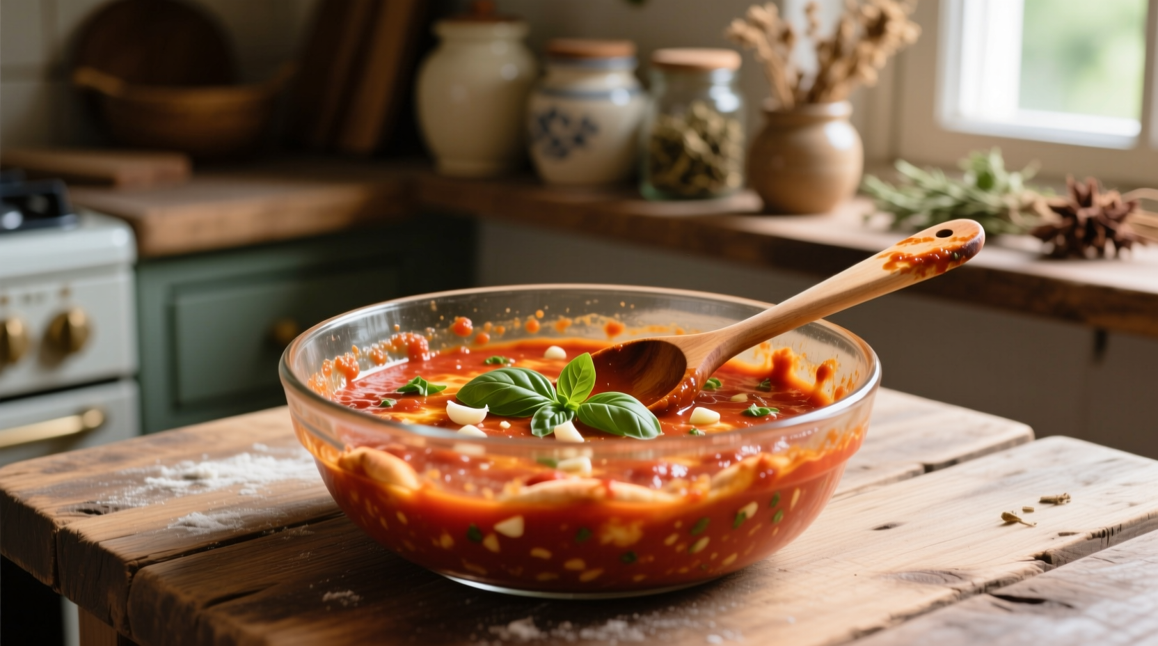 Homemade pizza sauce in glass bowl with spoon