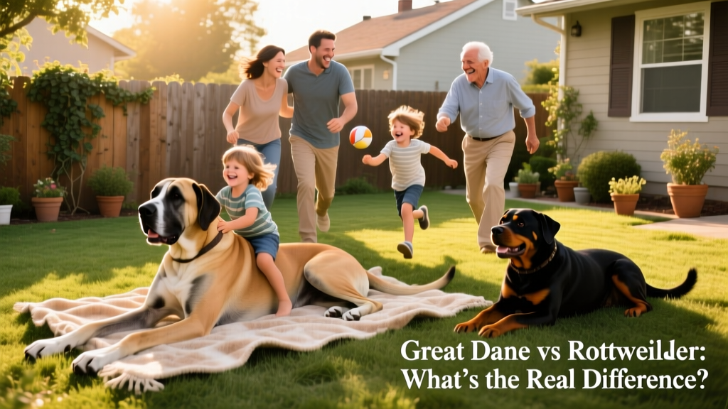 A joyful mixed-age family playing in a backyard with both a Great Dane and a Rottweiler lying peacefully nearby