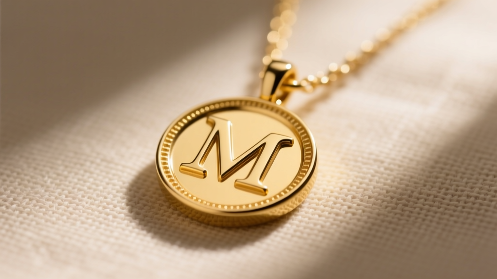 Close-up of a 15mm solid 14k yellow gold initial medallion necklace with a serif letter M resting on beige linen fabric background.