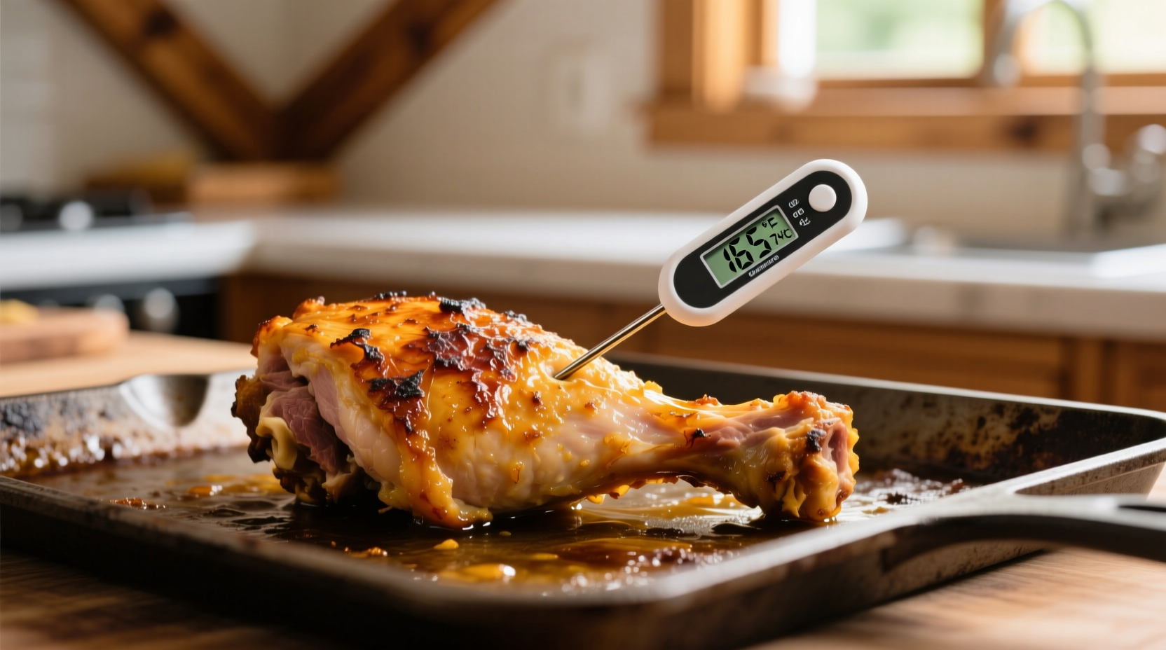 Crispy golden chicken legs on baking sheet with thermometer