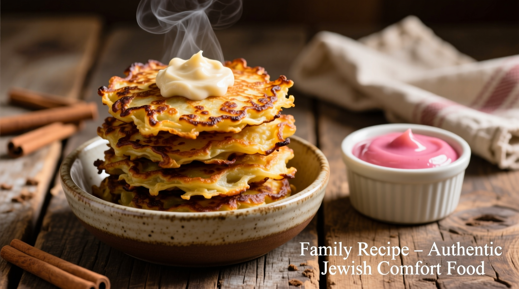 Golden brown potato latkes served with applesauce