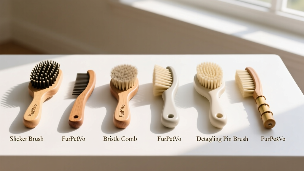 A variety of FurPetVo cat brushes arranged neatly on a clean white surface, showcasing different shapes, bristle types, and handle designs