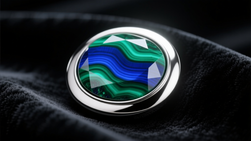 Azurite malachite stone in thick silver bezel showing vivid blue and green bands under soft studio lighting on dark velvet fabric