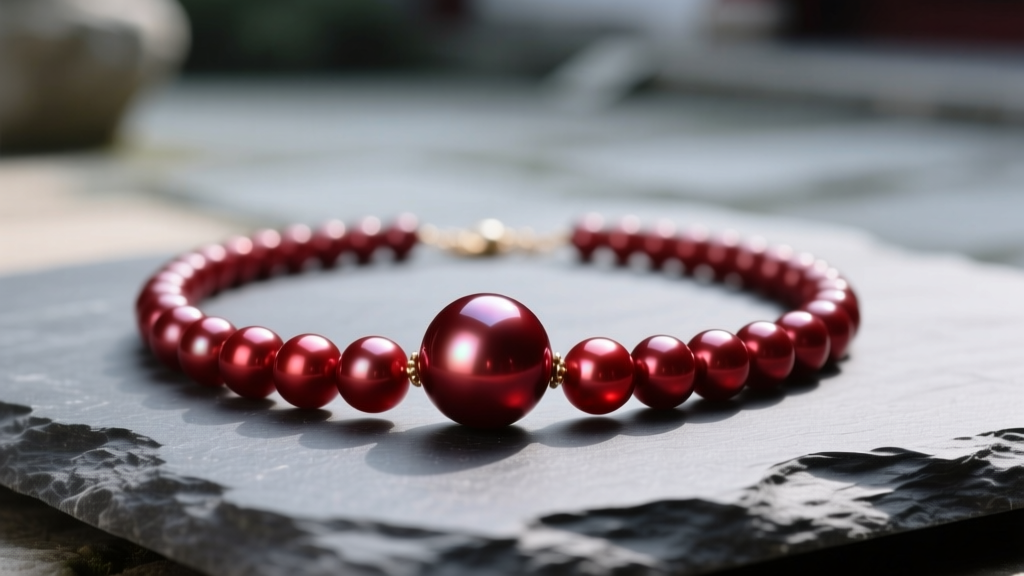 Close-up of a deep crimson blood pearl necklace resting on dark gray slate, highlighting the metallic red luster and soft lighting.