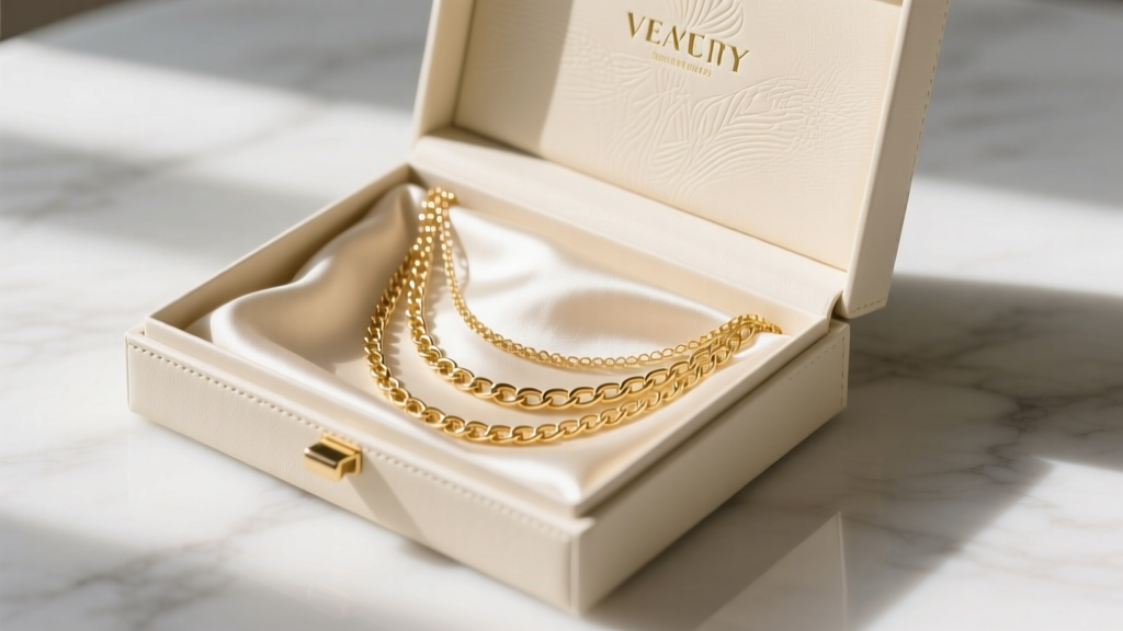 Cream vegan leather luxury necklace gift box with tiered silk insert holding layered gold chains, side angle view on marble