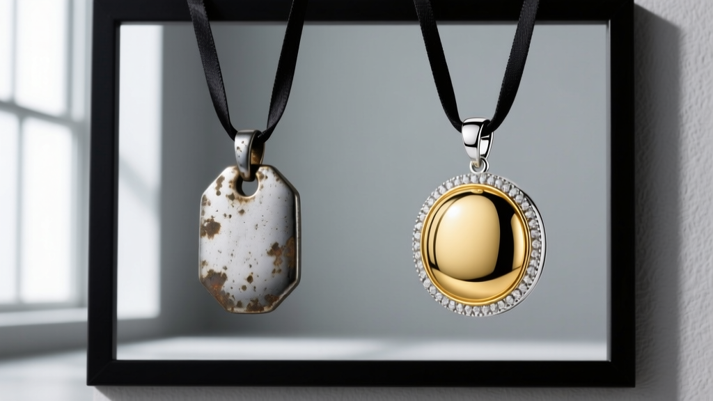 Side-by-side comparison of a tarnished zinc alloy fashion pendant and a highly polished 925 sterling silver gold vermeil pendant.