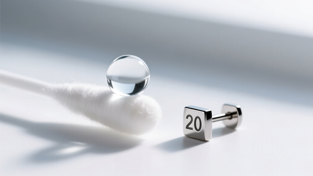 Macro shot of clear liquid on a sterile cotton swab beside a 20-gauge titanium stud earring on a bright clinical background.