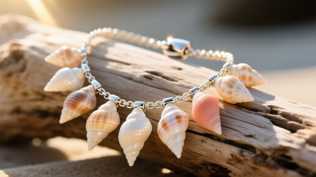 Close-up of an authentic cone-shaped puka shell necklace with natural gradients and a silver clasp resting on sunlit driftwood
