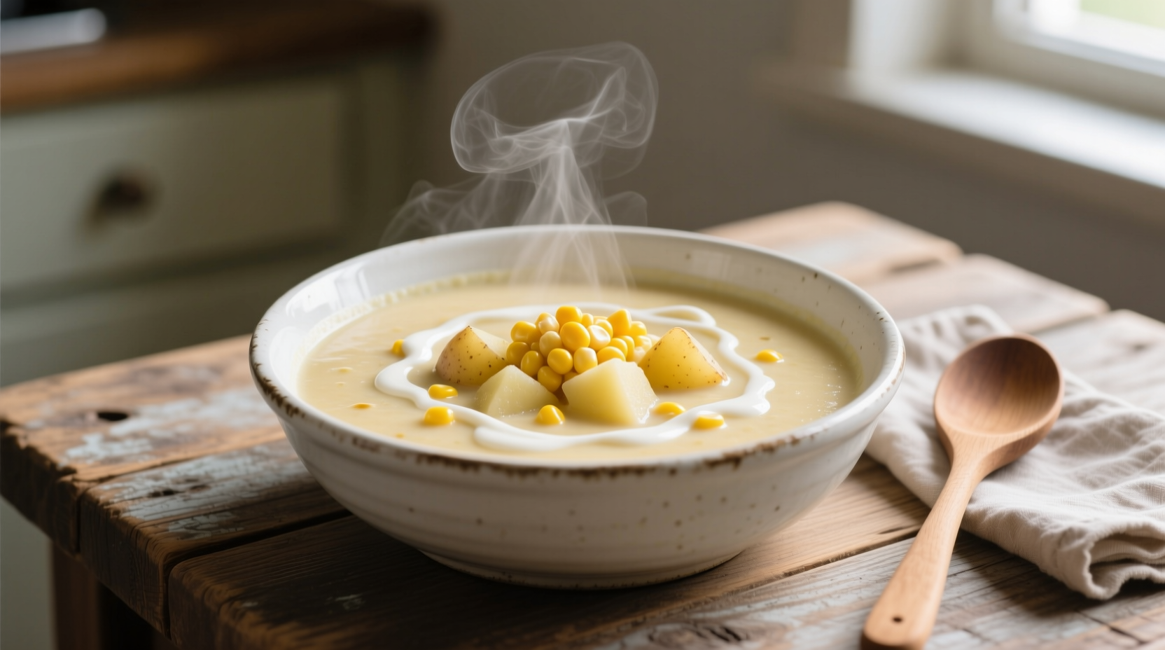 Creamy corn and potato chowder in white bowl