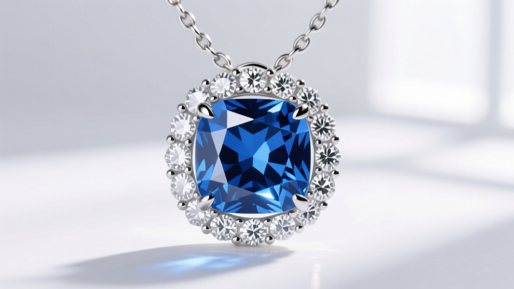 Macro photography of a 4-carat cushion-cut lab-grown blue diamond pendant surrounded by a white diamond halo on a platinum chain