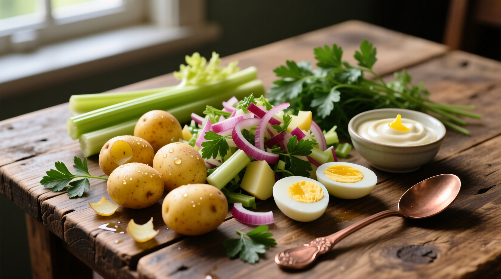 Fresh potato salad ingredients on wooden table