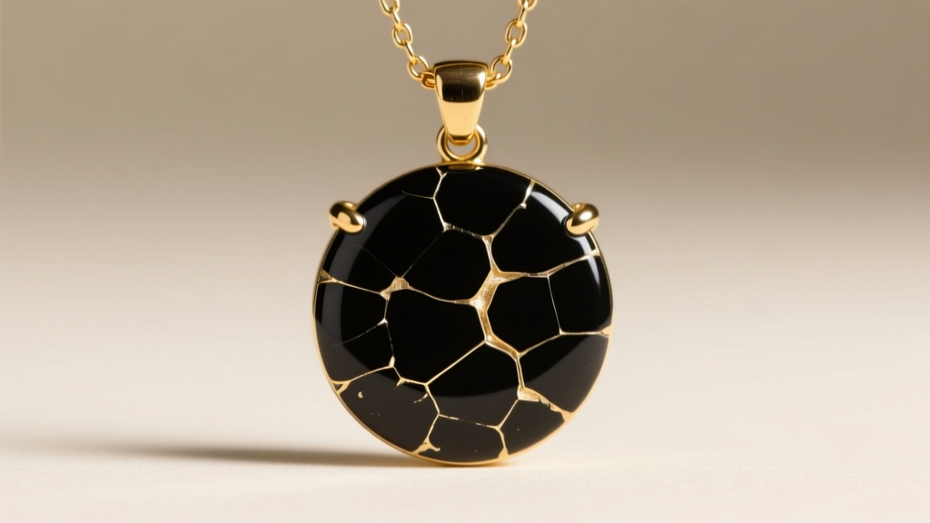 Macro shot of a chipped black enamel pendant with 18k gold hardware, illuminated by soft light to highlight the surface fracture.