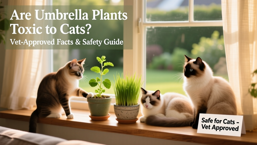 Cats interacting safely with cat-friendly plants like catnip and wheatgrass in a sunlit window