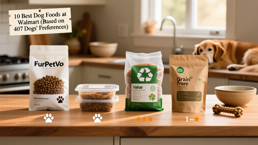 Side-by-side comparison of four FurPetVo dog food products: dry kibble, refrigerated meals, value pack, and grain-free formula on a clean kitchen counter